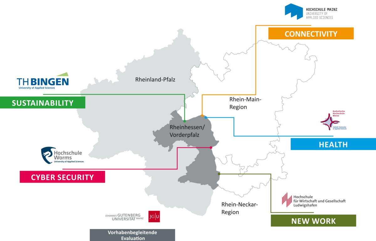 Karte von Rheinland-Pfalz mit den Standorten der am Empower-Verbundprojekt beteiligten Hochschulen auf transparentem Hintergrund
